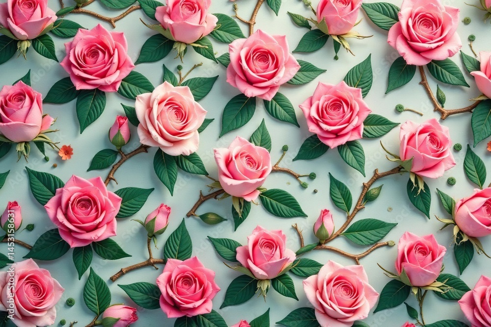Small-scale repeating rosebud print, soft hues, rose, soft, design Small-scale repeating rosebud print, soft hues, rose, soft, design