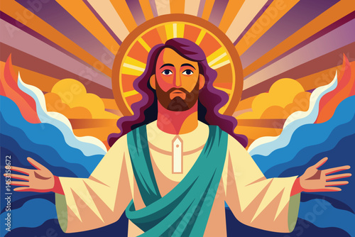 Vector illustration of a serene figure with open arms against a vibrant backdrop of sun and mountains, symbolizing peace and enlightenment in nature