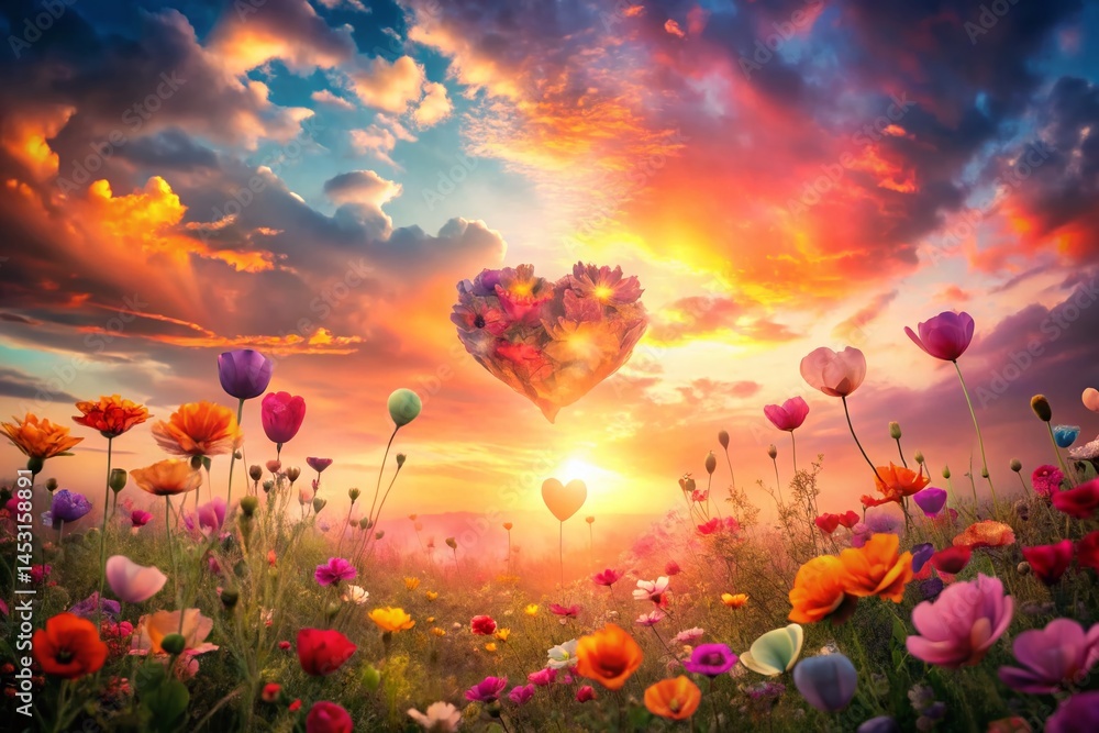 Fototapeta premium Double Exposure: Dreamy Meadow of Heart-Shaped Flowers, Romantic Spring Landscape