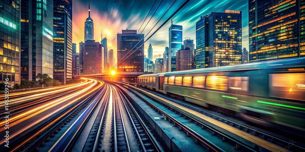 Fototapeta premium Double Exposure: Subway Train & City Lights - Urban Transit Stock Photo