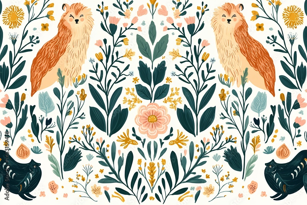 Abstract illustration of Scythian inspired floral and animal motifs arranged in a seamless pattern Abstract illustration of Scythian inspired floral and animal motifs arranged in a seamless pattern