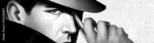 Vintage Dramatic Film Noir Style Illustration of a Private Detective with a Stylish Hat and Mysterious Expression