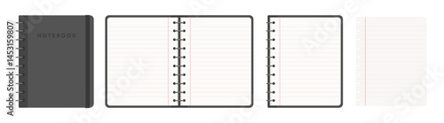 Set of notebooks with black cover and lined paper shown closed, open, and as individual page. School, office, journaling concept. Flat vector illustration with copy space isolated on white background