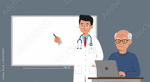 Elderly Man Listening to Asian-American Doctor's Explanation in Flat Vector Illustration  