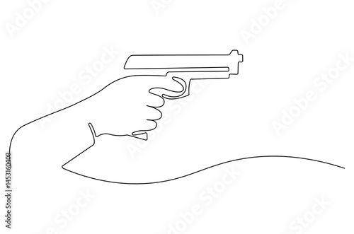 Continuous one line drawing of Hand holding gun. Single line drawing illustration of Holds a machine gun. shoot on target concept vector art. Doodle line illustration.