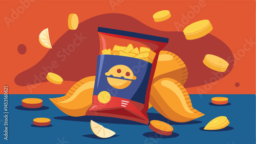Vector illustration of a vibrant snack bag surrounded by various colorful snacks in playful arrangement on a bright background
