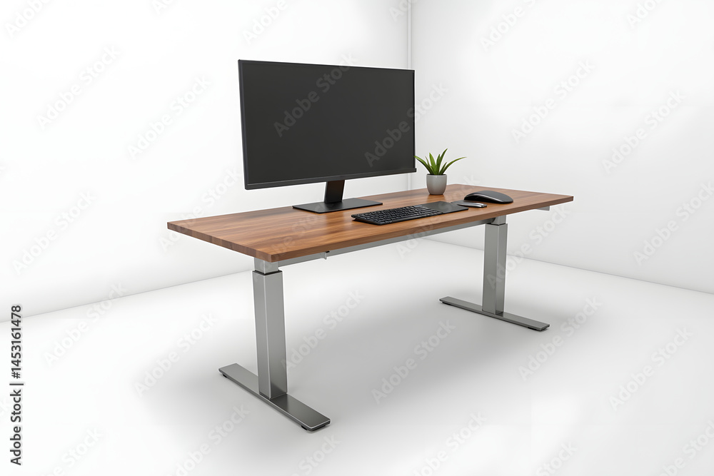 Modern adjustable standing desk with computer monitor keyboard mouse and a potted plant Modern adjustable standing desk with computer monitor keyboard mouse and a potted plant