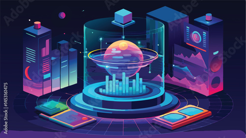 Vector illustration of a digital data visualization environment featuring graphs, charts, and geometric shapes in vibrant colors and futuristic design