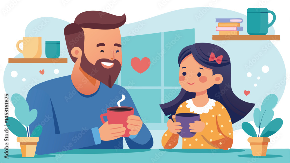 Father and daughter enjoy warm drinks while sharing a loving moment in a cozy indoor setting with plants and cheerful decor Father and daughter enjoy warm drinks while sharing a loving moment in a cozy indoor setting with plants and cheerful decor