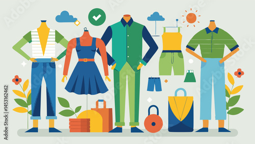 Colorful vector illustration showcasing sustainable fashion with diverse clothing items and eco-friendly elements against a vibrant background