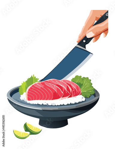 slicing tuna sashimi - vector illustration