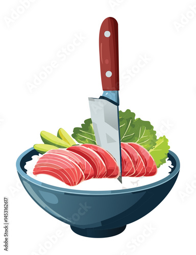 slicing tuna in a bowl - vector illustration
