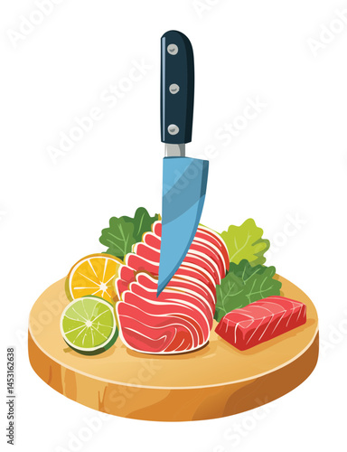 slicing meat on a platter - vector illustration
