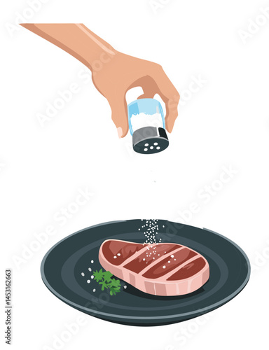 sprinkling salt for steak - vector illustration