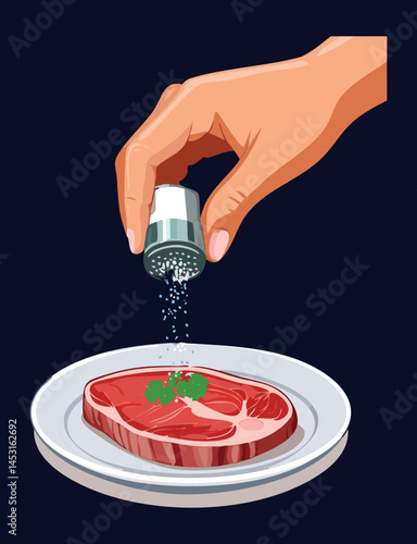hand pouring salt for sirloin beef - vector illustration