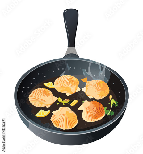 searing scallops on hot pan - vector illustration