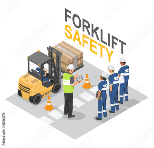 Forklift safety training session with warehouse workers learning proper operation procedures and hazard prevention under supervisor guidance
