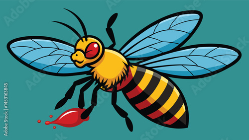 Cartoon style vector illustration of a bee with a dripping red substance against a blue background capturing attention and evoking curiosity