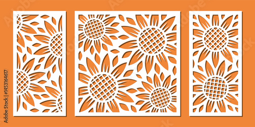 Laser cut decorative panels with sunflower pattern. Vector floral design for home interior decor, partition, privacy screen, wall art, room dividers. Template for cnc, plasma and plotter cutting