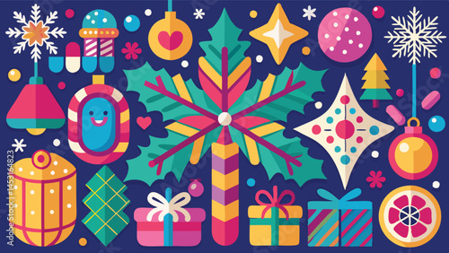 Colorful vector illustration featuring festive holiday elements such as ornaments, snowflakes, and gifts on a dark background suitable for seasonal celebrations and decorations