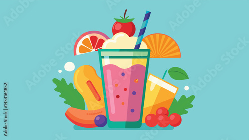 Colorful vector illustration of a delicious smoothie surrounded by fresh fruits like bananas, oranges, and strawberries in a cheerful setting