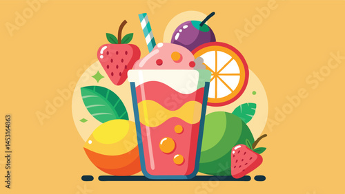 Colorful vector illustration of a delicious smoothie surrounded by fresh fruits like bananas, oranges, and strawberries in a cheerful setting