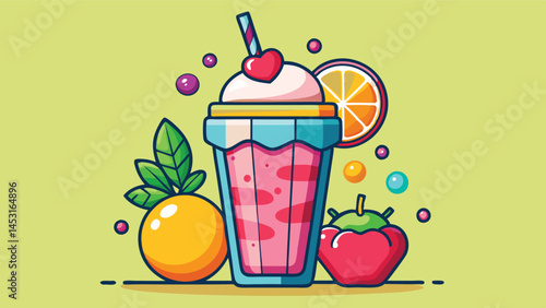 Colorful vector illustration of a delicious smoothie surrounded by fresh fruits like bananas, oranges, and strawberries in a cheerful setting