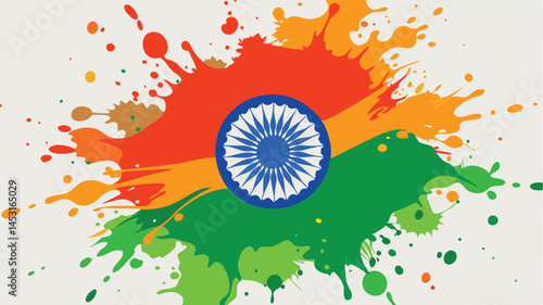 Colorful abstract vector illustration of Indias national flag with splashes of orange, green, and white, showcasing patriotism and national pride during festivities
