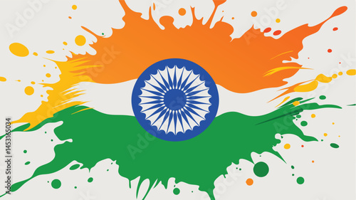 Colorful abstract vector illustration of Indias national flag with splashes of orange, green, and white, showcasing patriotism and national pride during festivities
