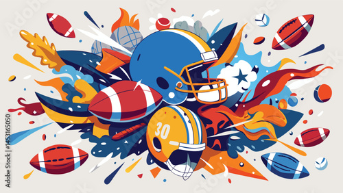 Colorful vector illustration of various sports helmets, footballs, and splashes of vibrant color representing athletic activities