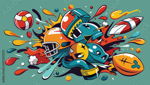 Colorful vector illustration of various sports helmets, footballs, and splashes of vibrant color representing athletic activities