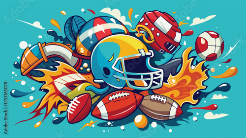 Colorful vector illustration of various sports helmets, footballs, and splashes of vibrant color representing athletic activities