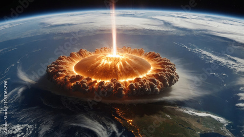 Dramatic view of a cosmic impact on Earth, showcasing a fiery explosion from a distance.