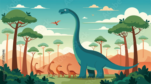 Vector illustration of dinosaurs interacting in a prehistoric landscape with mountains and trees showing a vibrant sunset ambiance
