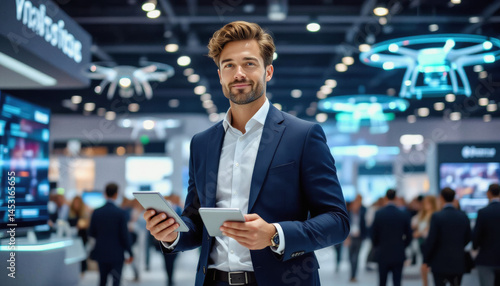 A confident businessman in a navy suit and white shirt holds a tablet, smiling slightly while standing in a bustling technology trade show with drones and displays visible in the background.