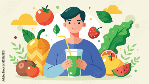 Enjoying a refreshing green smoothie surrounded by a variety of colorful fruits and vegetables on a bright and cheerful backdrop