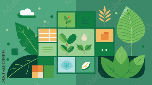 Vector illustration of lush green foliage and plant elements arranged in a modern layout highlighting nature and tranquility