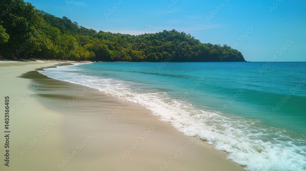 Scenic tropical beach with clear turquoise waters gentle waves soft white sand lush green forested hillside in background sunny summer day relaxing coastline Scenic tropical beach with clear turquoise waters gentle waves soft white sand lush green forested hillside in background sunny summer day relaxing coastline