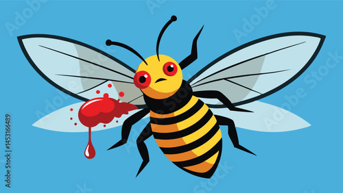 Cartoon style vector illustration of a bee with a dripping red substance against a blue background capturing attention and evoking curiosity