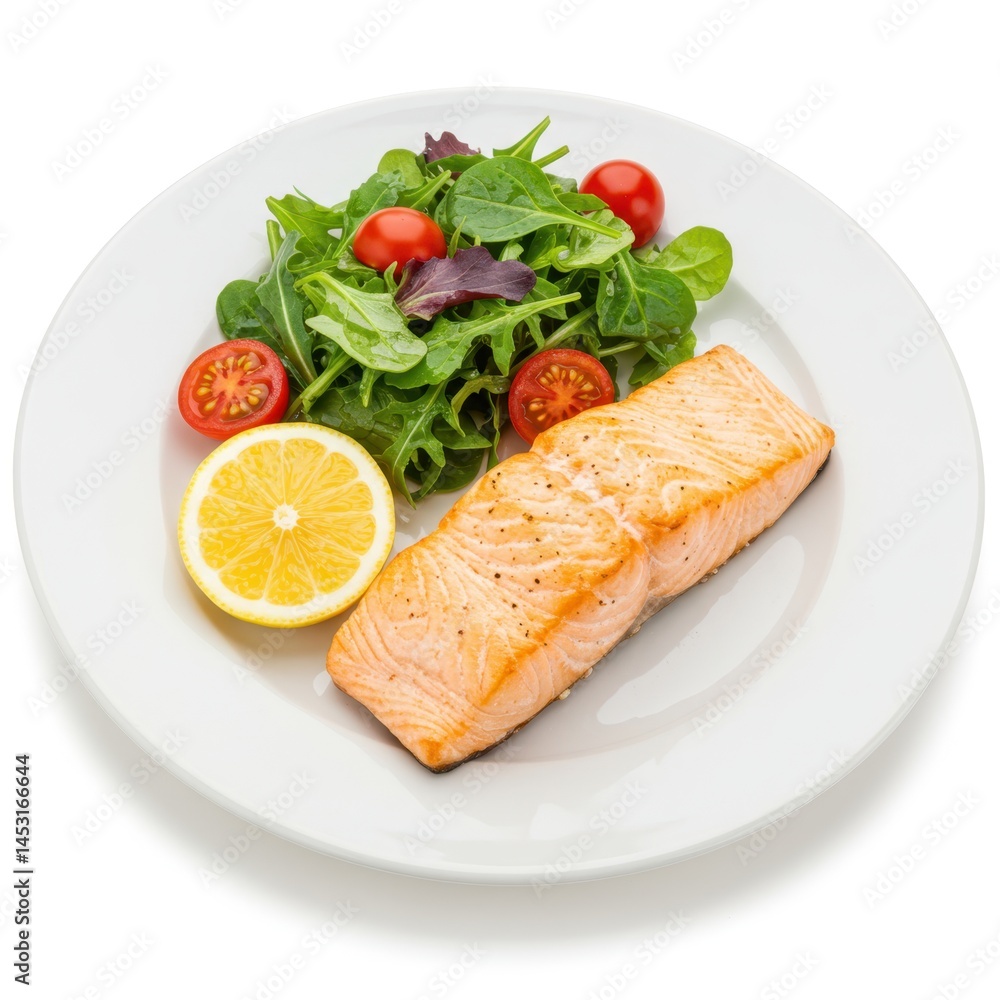 Salmon with salad and lemon on white background Salmon with salad and lemon on white background