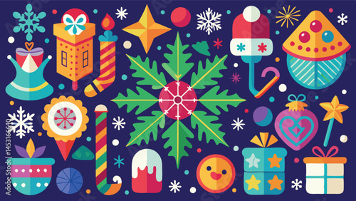 Colorful vector illustration featuring festive holiday elements such as ornaments, snowflakes, and gifts on a dark background suitable for seasonal celebrations and decorations