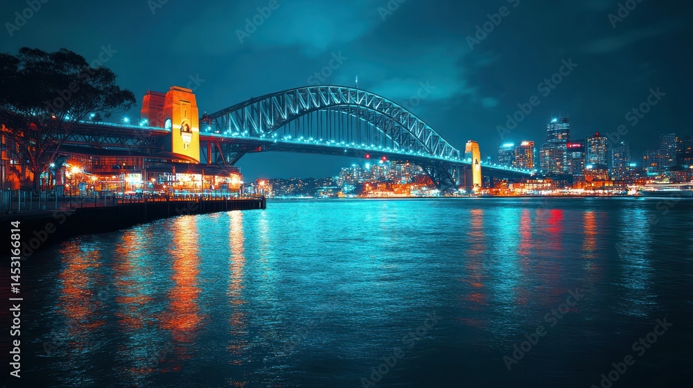 Obraz premium Vibrant nighttime cityscape featu illuminated bridge and skyline reflecting on water, colorful lights illuminating urban waterfront at dusk
