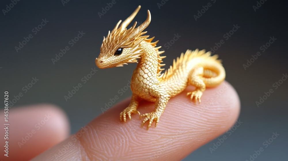 Fototapeta premium small golden dragon figurine with intricate scales and horns perched on finger, detailed miniature fantasy mythical creature for collectible decor and fantasy art