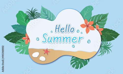 Summer background image with tropical leaves, plants, nature, templates