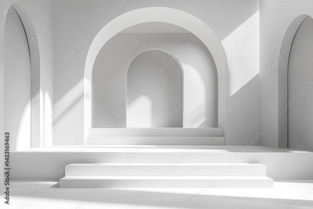 Fototapeta premium White Archway Design And Shadow Play With Minimalist Step Structure