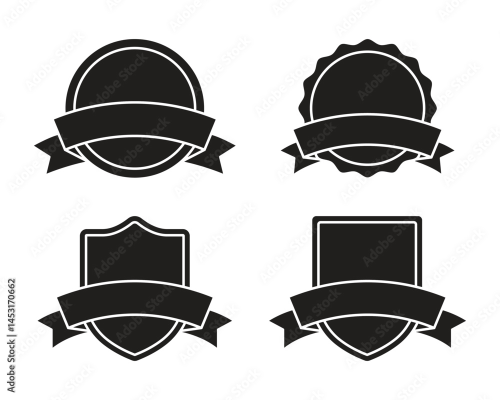 Vector Badge With Ribbon Banner In Glyph Style Icon Set Vector Badge With Ribbon Banner In Glyph Style Icon Set