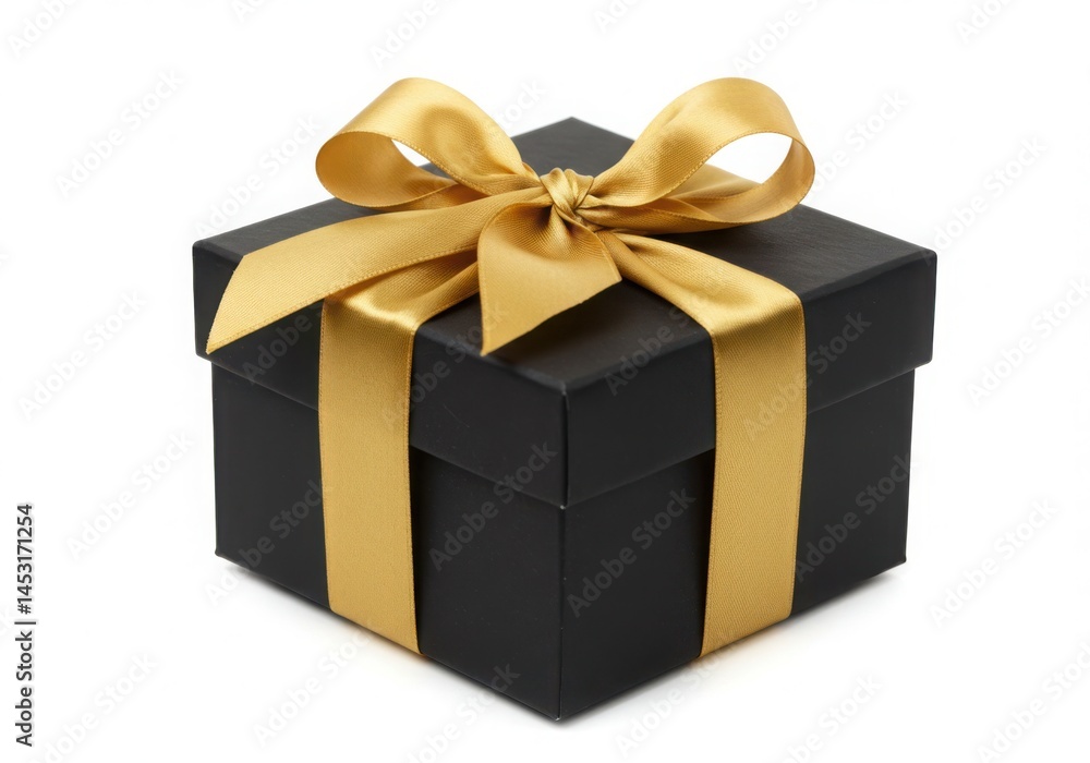 A black gift box with a gold ribbon and bow on a white background view isolated on white background A black gift box with a gold ribbon and bow on a white background view isolated on white background