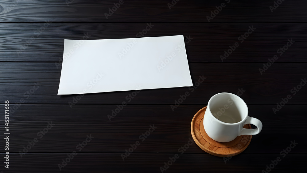 Blank Paper and Empty Mug on Dark Wooden Desk Minimalist Workspace Blank Paper and Empty Mug on Dark Wooden Desk Minimalist Workspace