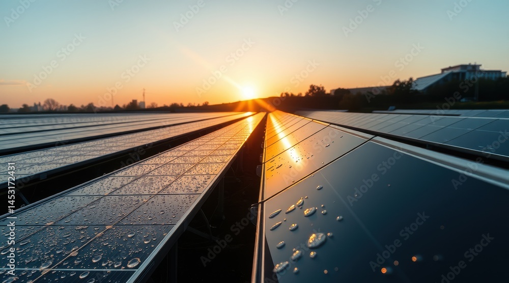 Obraz premium Wide Angle View of Sunset at a Solar Farm Sustainable Photovoltaic Technology
