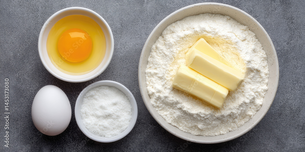 Egg, butter sticks, and flour in bowls are arranged on a gray surface, ready for baking. Concept: baking ingredients, preparation, cooking Egg, butter sticks, and flour in bowls are arranged on a gray surface, ready for baking. Concept: baking ingredients, preparation, cooking